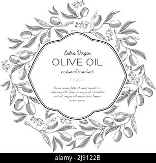 Olivenöl rund Kranz Skizze Komposition mit schönen Sprossen und Inschrift in der Mitte über Naturprodukt extra Virgin Hand Zeichnungsvektor Stock Vektor