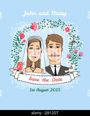 Speichern Sie die Datumsvektor Hochzeit Einladung Vorlage mit einem Brautpaar Paar unter einem gewölbten Laub von Sommerblumen und ein Ribbon Banner mit dem Text - Speichern Stock Vektor