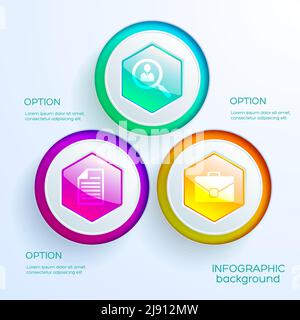 Business-Infografik Web-Chart-Vorlage mit drei bunten glänzenden sechseckigen Schaltflächen und Symbole isolierte Vektordarstellung Stock Vektor