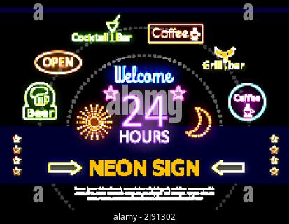 Leuchtende Werbe Neon Schilder Vorlage mit bunten Rahmen Inschriften Pfeile Sterne funkelt für Pub Cafe Cocktail Grill Bars Werbung isolieren Stock Vektor