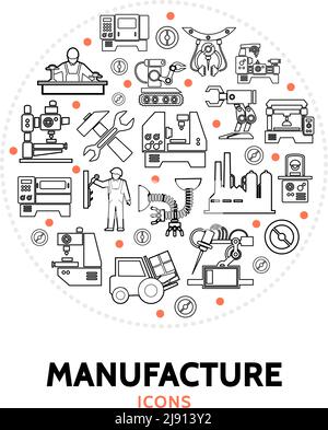 Produktionsrunde Konzept mit industriellen Maschinen Ausrüstung Techniker Roboter Arme Gabelstapler Fabrik Linie Symbole isoliert Vektor illustrati Stock Vektor