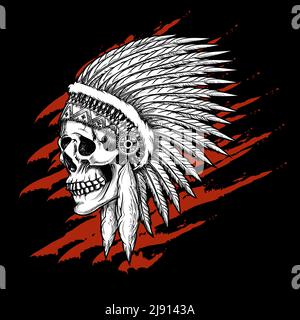 Indischer Stammesschädel mit Federn Emblem. Azteken und Mohawk, apache und Krieger. Vektorgrafik Stock Vektor