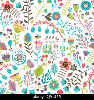 Niedliche nahtlose Muster mit bunten handgezeichneten Sommerblumen nach dem Zufallsprinzip verstreut In einem geschäftigen Design auf weißem Hintergrund geeignet für Tapete Wrappi Stock Vektor