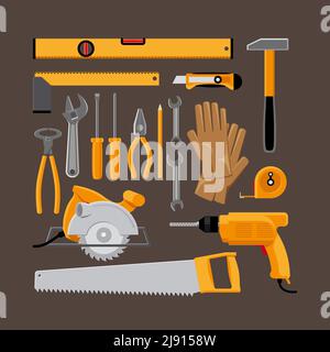 Satz von Symbolen für Handwerkzeuge in flacher Ausführung. Hammer und Kreissäge, Bohrer und Handschuhe. Vektorgrafik Stock Vektor