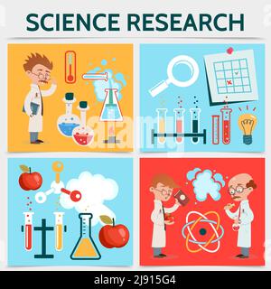 Flaches Wissenschaftsforschungskonzept mit Wissenschaftlern Lupennotizflaschen Äpfel Flaschen Thermometer wissenschaftliche chemische Experimente Atom und Molekül Stock Vektor