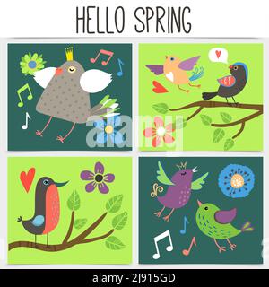 Flaches Spring Time Square Konzept mit singender niedlicher Vogelmusik Notizen und blühende schöne Blumen isoliert Vektor-Illustration Stock Vektor
