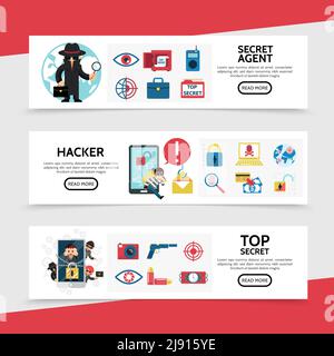 Flat Hacking horizontale Banner mit Geheimagent Hacker Safe Remote Kontrolle Schloss Bug Waffe Kamera Dynamit Fingerabdruck Auge Scannen Sicherheit vektor Stock Vektor