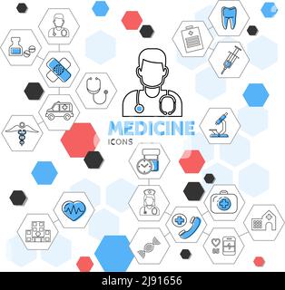 Medicine Linie Symbole in Hexagons Sammlung mit Arzt Krankenschwester Pillen Krankenwagen Zahn medizinische Geräte caduceus Krankenhaus isoliert Vektor illustratio Stock Vektor