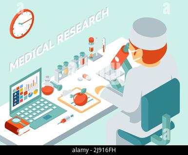 Medizinische Forschung 3D isometrisches Konzept. Wissenschaft Chemie, Medizin und Pille, Vektor-Illustration Stock Vektor