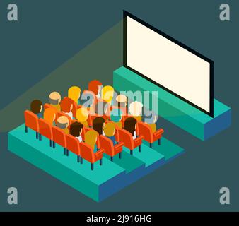 Leere Kinoleinwand mit Publikum. Isometrisch in flacher Ausführung. Filmvorführung, Sitz und Präsentation, Unterhaltung und Auditorium, Vektordarstellung Stock Vektor