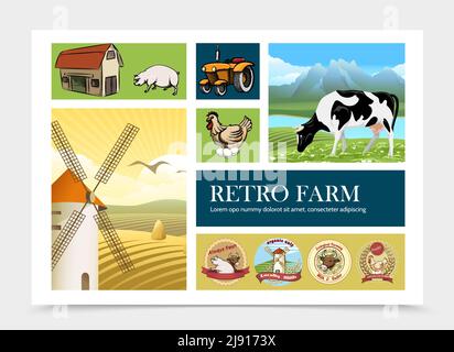 Hand gezeichnet Retro Bauernhof Zusammensetzung mit Schwein Huhn Traktor Scheune Windmühle Kuh grasen auf Feld und bunte Landwirtschaft Etiketten Vektor Abbildung Stock Vektor