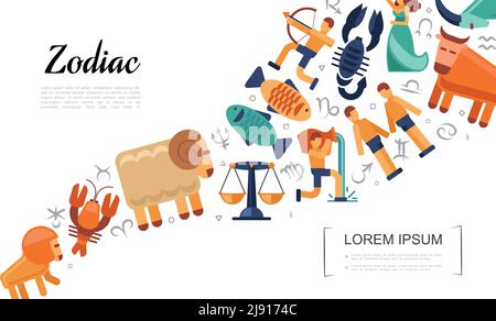 Flaches Horoskop Sternzeichen Konzept mit Widder Löwe Skorpion Krebs Stier Waage Zwillinge Jungfrau Steinbock Schütze Fische Wassermann Vektor illustratio Stock Vektor