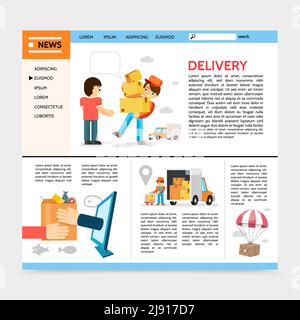 Flat Delivery Service Website Vorlage mit Kurier liefern Waren an Client-Paket fliegen auf Fallschirm E-Commerce-Vektor-Illustration Stock Vektor