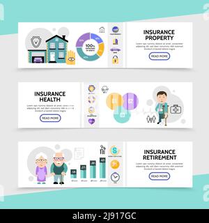 Flache Versicherung horizontale Banner mit Diagrammen Grafiken Sachschutz Gesundheit Vektordarstellung „Elemente der Altersvorsorge“ Stock Vektor