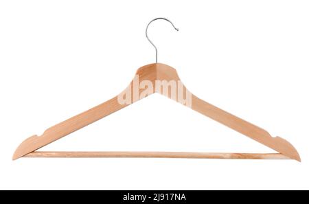 Kleiderbügel für Kleidung. Aufhänger isoliert auf weißem Hintergrund. Kleiderbügel aus Holz. Geschäft. Pastellfarbenes Holz. Verkaufskonzept. Stockfoto