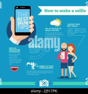 Die besten Selfie-Tipps. Wie man eine Selfie-Infografik macht. Telefon und Foto, Portrait-Anweisung, Gerät und Ausrüstung, kreative intelligente mobile Bild. Ve Stock Vektor