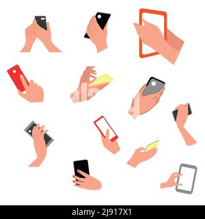 Stellen Sie menschliche Hände, die das Telefon oder Tablet halten.Vektorgrafik in flacher Form. Stock Vektor