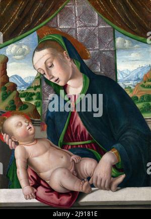 Die Jungfrau und das Kind des italienischen Künstlers Giovanni Santi (c. 1435-1494), Ei und Öl auf Holz, c. 1488 Stockfoto