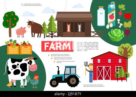 Flache Landwirtschaft und Landwirtschaft Infografik Vorlage mit Tieren Farmer Scheune Traktor Bäume Milch Saft Kisten von Gemüse und Obst Vektor Illustratio Stock Vektor