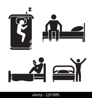 Symbole für Personen im Bett. Hotel Schlafzeichen. Aufwachen, Silhouette Person Schlaf, Schlafzimmer in schwarz. Vektorgrafik Stock Vektor