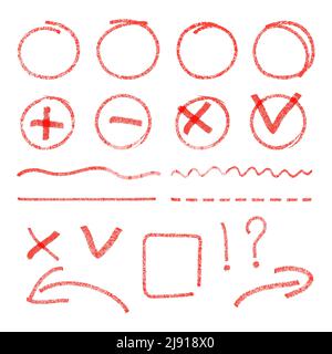 Elemente mit roten Hervorhebungselementen. Kreise, Pfeile, Häkchen, Kreuzzeichen. Ausrufezeichen und Frage, Linienzeichnung, Markerdarstellung Stock Vektor