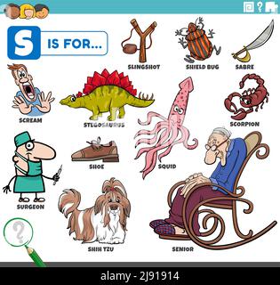 Pädagogische Cartoon-Illustration für Kinder mit Comic-Figuren und Objekte für den Buchstaben S gesetzt Stock Vektor