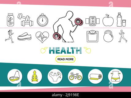 Gesunde Lifestyle-Linie Symbole mit starken Mann Vitamine Sport gesetzt Ausrüstung Skala mobile Früchte Yoga Fahrrad isoliert Vektor Illustration Stock Vektor