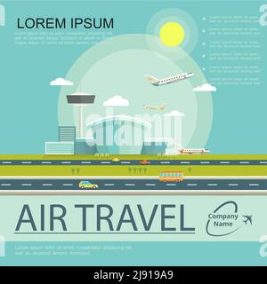 Flachflug Reise Poster mit Flugzeugen Flughafen Gebäude Flugkontrolle Turm und Autos fahren auf Straße Vektor-Illustration Stock Vektor