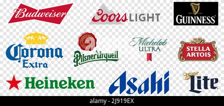 Vinnytsia, Ukraine - 19. Mai 2022: Die 10 beliebtesten Biere-Logos. Budweiser, Coors Light, Miller Lite, Corona Extra, etc. Redaktionelle Illustration isoliert Stock Vektor