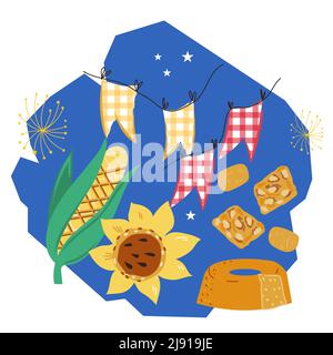 Festa Junina brasilianischen Urlaub und Folklore-Festival dekorative Label oder Emblem-Design mit Urlaub Leckereien. Festa Junina-Karte oder Party-Poster-Element, Stock Vektor
