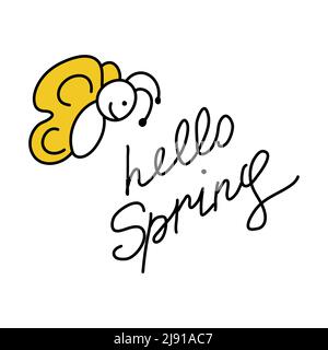 Lustige Doodle Schmetterling. Schlampige Schriftzüge mit der Phrase Hello Spring. Niedliche Ikone im Kinderstil. Stilvolles Element für die Gestaltung von Aufklebern, Drucken, Paketen, Karten. Einfaches Clipart. Osterdekor. Stock Vektor