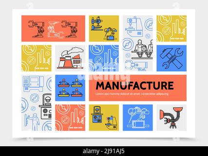 Herstellung Infografik Konzept mit Roboterarm Ingenieure Fabrik industriellen Maschinen Schraubenhammer Produktionslinie Symbole Vektor-Illustration Stock Vektor