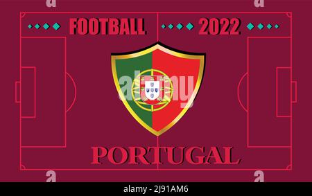 FIFA Fußball-Weltmeisterschaft Katar 2022. Team Portugal Flagge Design und Text auf Fußballfeld Hintergrund. vektor-Illustration. eps 10 Stock Vektor