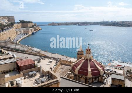 Blick auf den Grand Harbour von den Upper Barrakka Gardens, Valletta, Malta Stockfoto