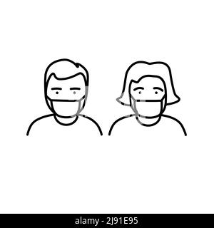 Mann und Frau tragen medizinische Gesichtsmasken. Vorderansicht. Avatar-Design mit männlicher und weiblicher Linie. Stock Vektor