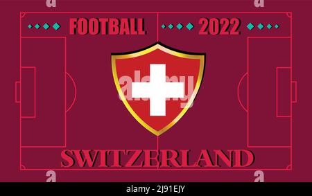 FIFA Fußball-Weltmeisterschaft Katar 2022. Team Schweiz Flagge Design und Text auf Fußballfeld Hintergrund. vektor-Illustration. eps 10 Stock Vektor