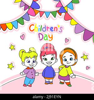 Kindertag, Mädchen auf dem Hintergrund von Fahnen in verschiedenen Farben. Gruppe von multikulturellen glücklichen Kindern. Kinderpanorama nach Ihrem Entwurf. P Stock Vektor