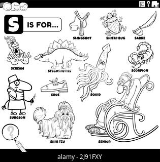 Schwarz-Weiß-Bildungs-Cartoon-Illustration für Kinder mit Comic-Figuren und Objekte für Buchstabe S Malbuch Seite gesetzt Stock Vektor