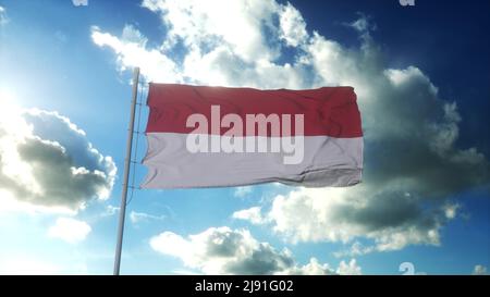 Die Flagge von Monaco winkt dem Wind entgegen dem wunderschönen blauen Himmel. 3D Rendern Stockfoto