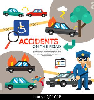 Flaches Straßenunfall-Plakat mit Autocrash brennenden Auto Fußgänger Hit Police Officer deaktiviert Handicap Zeichen Führerschein Vektor Illustration Stock Vektor