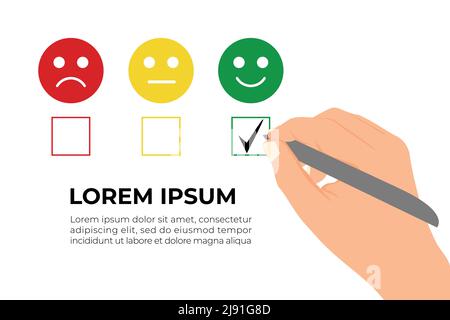 Flache Handzeichnung beim Ausfüllen einer Zufriedenheitsumfrage. Symbole trauriger und glücklicher Gesichter, die die Kundenzufriedenheit repräsentieren Stock Vektor