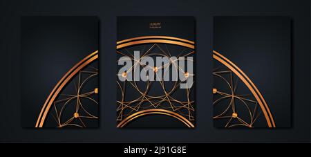 Set Black Card Dekorative runde goldene Rahmen Mandala für Design mit floralen Ornamenten. Kreisrandschablone zum Drucken von Postkarten, Einladungen, Büchern, Stock Vektor