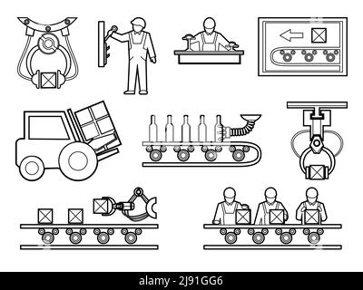 Symbole für Industrie- und Fertigungsprozesse im Stil der Linienkunst. Produktionseinrichtung, Maschine für Werk oder Werk, Vektorgrafik Stock Vektor