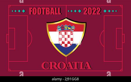 FIFA Fußball-Weltmeisterschaft Katar 2022. Team Kroatien Flagge Design und Text auf Fußballfeld Hintergrund. vektor-Illustration. eps 10 Stock Vektor