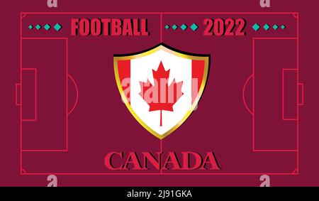 FIFA Fußball-Weltmeisterschaft Katar 2022. Team Canada Flagge Design und Text auf Fußballfeld Hintergrund. vektor-Illustration. eps 10 Stock Vektor