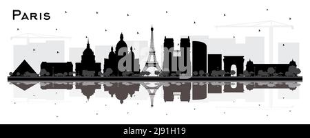 Paris France City Skyline Silhouette mit schwarzen Gebäuden und Reflektionen isoliert auf Weiß. Vektorgrafik. Business Travel Konzept. Stock Vektor