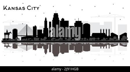 Kansas City Missouri Skyline Silhouette mit schwarzen Gebäuden und Reflektionen isoliert auf Weiß. Vektorgrafik. Tourismuskonzept mit modernem Archi Stock Vektor