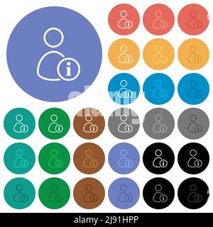 Benutzerinfo umreißt mehrfarbige flache Symbole auf runden Hintergründen. Im Lieferumfang enthalten sind weiße, helle und dunkle Symbolvarianten für schwebe- und aktive Statuseffekte, ein Stock Vektor