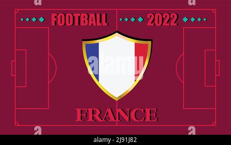 FIFA Fußball-Weltmeisterschaft Katar 2022. Team France Flagge Design und Text auf Fußballfeld Hintergrund. vektor-Illustration. eps 10 Stock Vektor