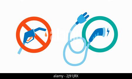 Benzinpistole zum Betanken eines Autos in einem Verbotsschild. Elektroauto-Ladepistole im grünen Kreis. Vektor-isolierte Illustration. Stock Vektor